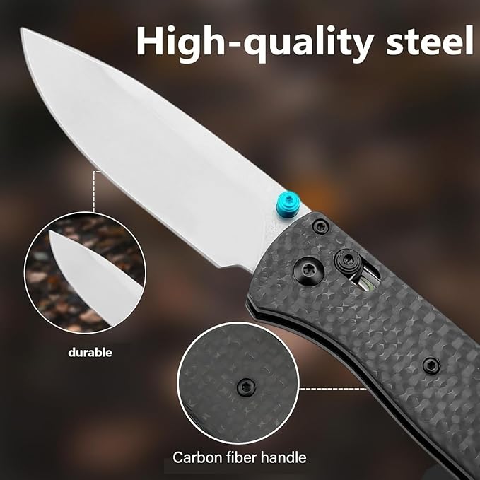 HUAAO Lightweight EDC Folding Pocket Knives For Men Satin Plain Edge D2 Blade Carbon Fiber Handle With Deep Carry Pocket Clip Everyday Carry Thumb Studs Manual Open