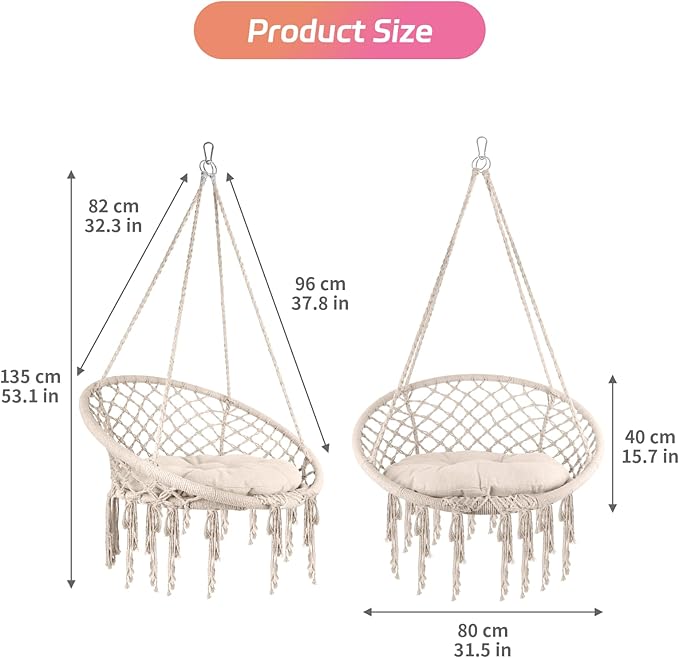 Hanging Swinging Chair Macrame Hammock Hanging Swinging Chairs with Soft Cushions and Hardware Accessories Hanging Chair for Indoor and Outdoor Use 3 Installation Methods Beige (1 Beige)