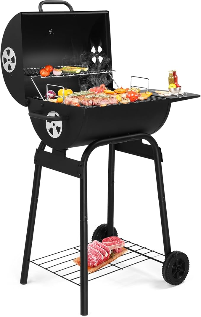 Outvita Barrel Charcoal Grill with Warming Rack Outdoor BBQ Grill with Side Table with Nearly 268 Sq.In. Cooking Grid Area for Backyard Patio Picnic Parties Camping Black