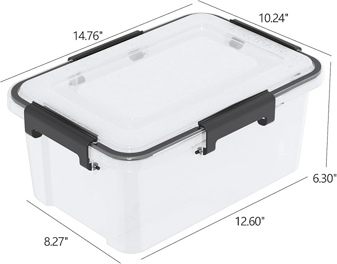 12 Quart Clear Plastic Storage Box with Gasket Seal Lid Set of 6 Stackable Plastic Storage Bins with Secure Latching Buckles