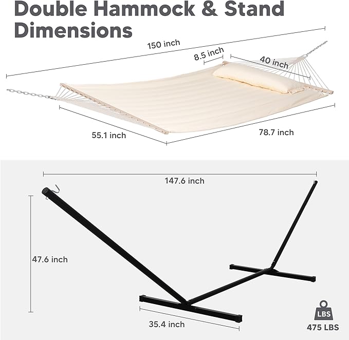 SUNCREAT Hammocks Extra Large Double Hammock with 12 ft Stand 475lbs Capacity Outdoor Portable Hammock with Hardwood Spreader Bar Extra Large Pillow Beige