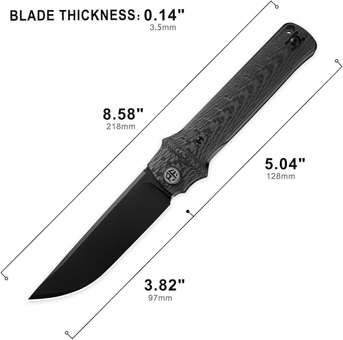 Petrified fish PFB04 Tena Folding Knife 3.82 D2 Black Stonewashed Blade Carbon Fiber Handle Pocket Knife for EDC Camping Outdoor (Carbon Fiber Black Stonewashed)