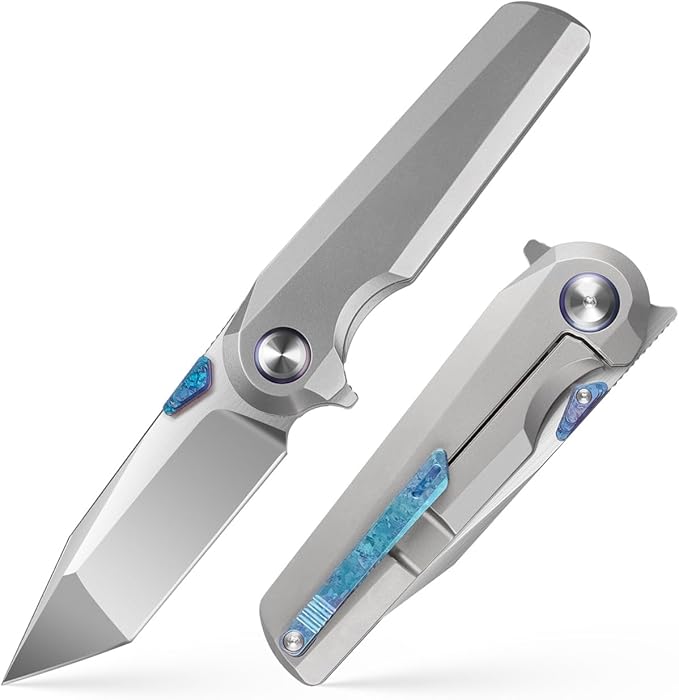 ioko Pocket Folding Knife with Titanium Alloy Handle S35VN Steel Blade Ice Crystal Anodized Finish 2.9 Inch Blade EDC Camping Hiking Outdoor (silver gray)