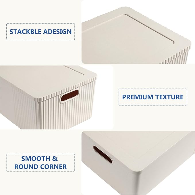 6 Pack Plastic Storage Bins with Lids - Nestable &amp Stackable Organizer Baskets for Pantry Closet &amp Shelves - Decorative Storage Containers Set (S/M/L 3 Sizes) - BPA Free