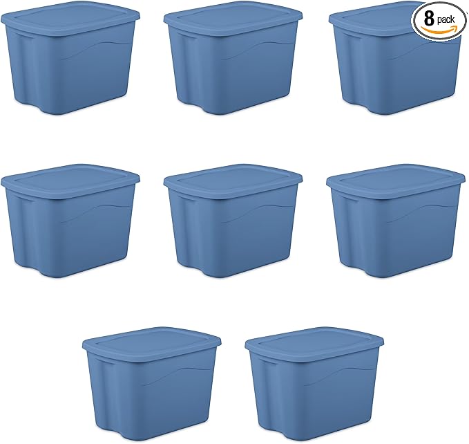 5. Stackable 18 Gallon Storage Bins 8 Pack - Light Blue Plastic with Snap-on Lids Heavy Duty Key Optimization Points