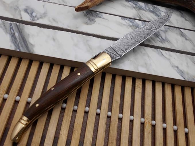 Laguiole Folding Damascus Steel Knife 8.5 Long with 4 Hand Forged Twist patren Blade. Rose Wood &amp Brass Bolster Scale. Cow Hide Leather Sheath Included (Brown)
