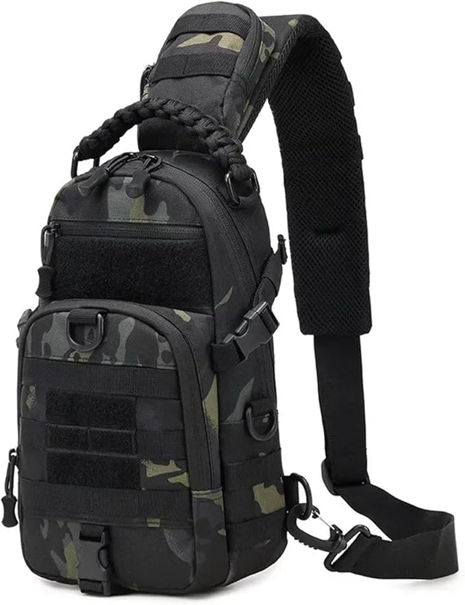 Men's Fishing Chest Bag Tactical Sports Shoulder Fanny Pack Camping Cycling MOLLE Sling Bags EDC(BKCamo)