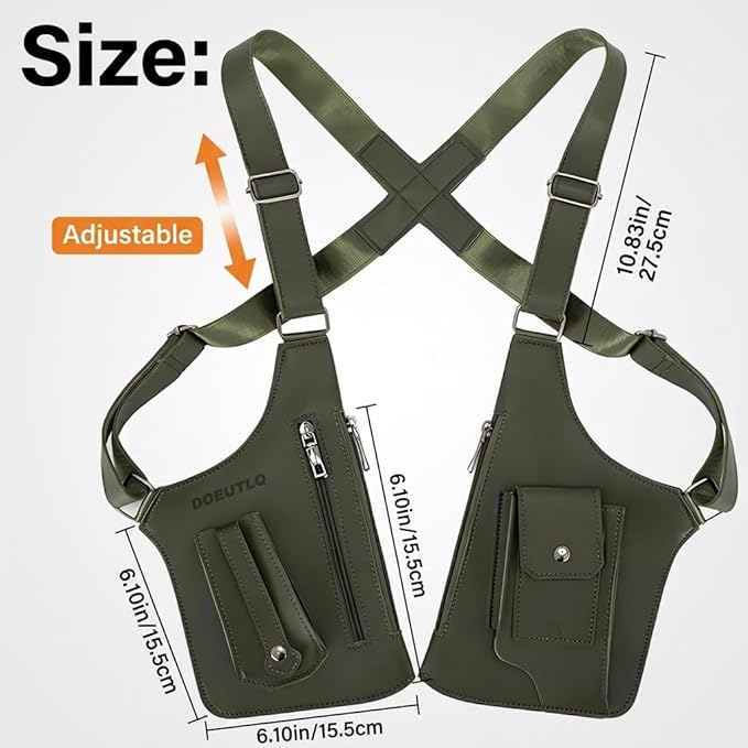 Leather Double Shoulder Armpit Bag for Men Underarm Concealed Rover The Holste Vest for Mens Adjustable Leather Bag (Army Green)