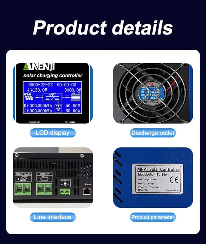 ANENJ MPPT 80A Solar Charge Controller 12V 24V 48V Auto Max 150V Inputup to 7680W Solar Panel 3-Stage Charging for Lead Acid/Gel/Lithium Battery High Efficiency 96.5% Home Off-Grid System