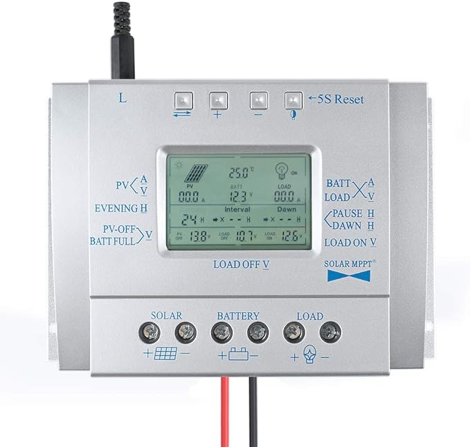 80A Solar Charge Controller 80 amp Solar Panel Regulator with Load Timer 12V 24V Auto with LCD Display USB 5V 1500mA and Usd for Control Landscape Lights and Water Features