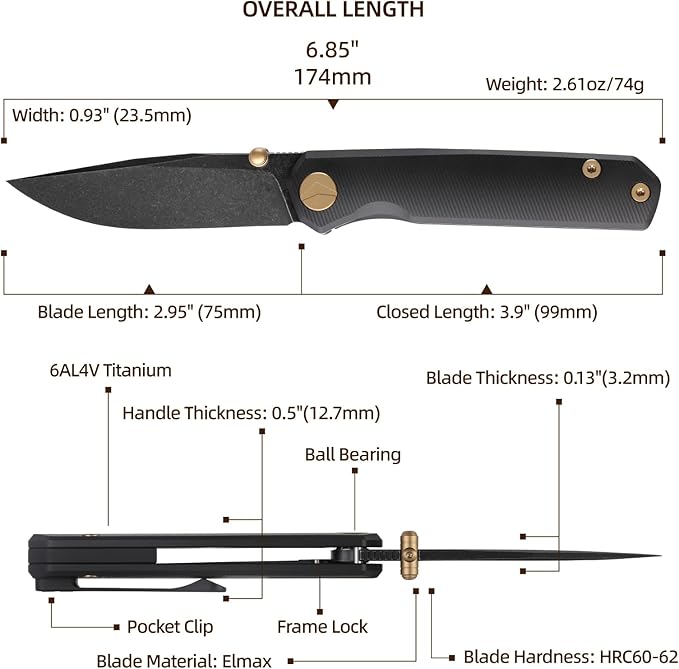 Folding Pocket Knife 2.95 Elmax Blade EDC Knife with Titanium Handle and Frame Lock Small Pocket Knife with Clip for Men Sharp Camping Hiking Hunting Survival Knives (Black)