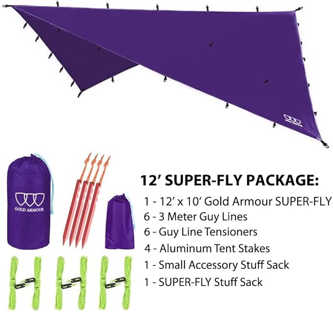 Gold Armour Rainfly Tarp Hammock Premium 14.7ft/12ft/10ft/8ft Rain Fly Cover Waterproof Ultralight Camping Shelter Canopy Survival Equipment Gear Camping Tent Accessories (Purple 12ft x 10ft)