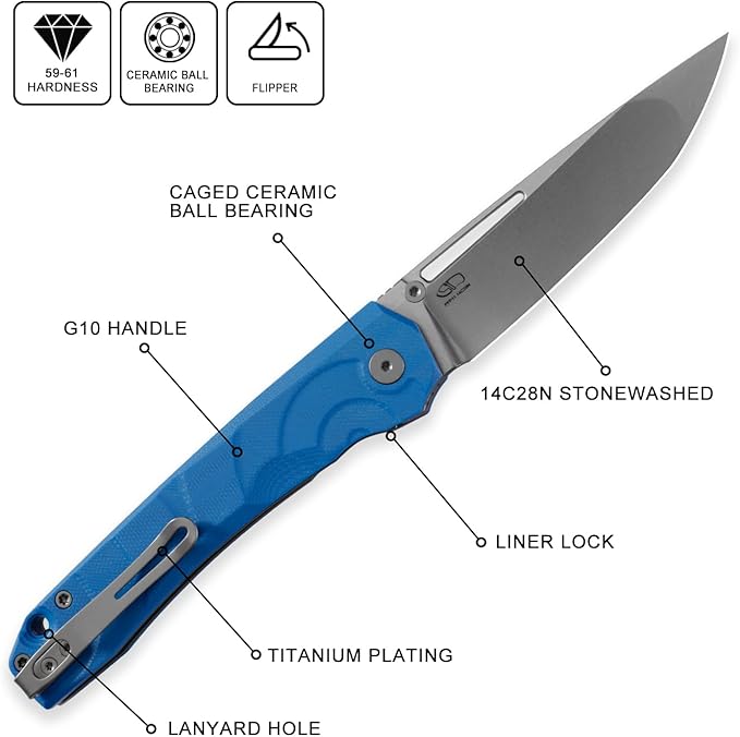 Petrified fish PFP11 Ripple Folding Knife3.78 14C28N Steel Hollow Blade G10 Handle Folding Pocket Knife for Camping EDC Outdoor (Blue Stonewashed)