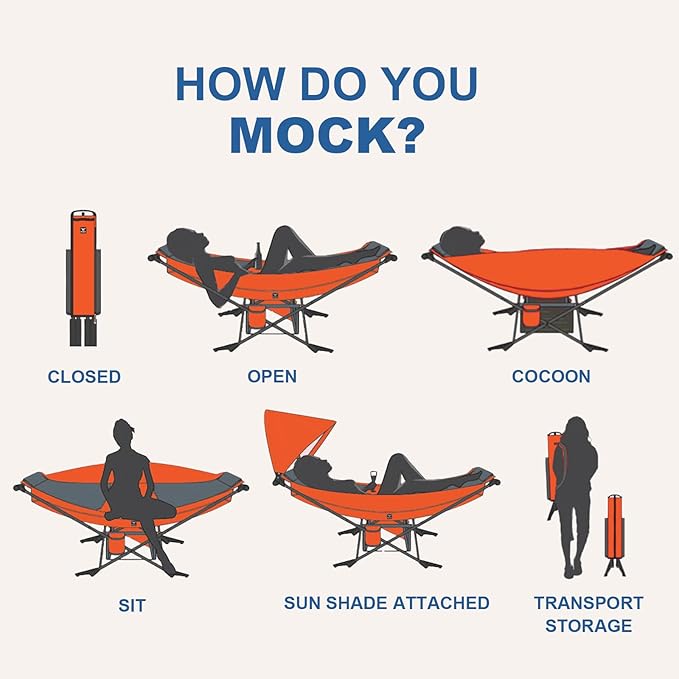 Portable Hammock with Stand World's Best Mock ONE® Hammock Compact Folding Framed Hammock with Adjustable Sunshade Canopy for Park Backyard Garden Camping Hiking Mountaineering Beaches- Orange