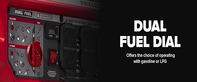 Powermate PM4500 4500-Watt Dual-Fuel Compatible Portable Generator - Gas and Propane - COsense Technology - Reliable Power Solution for Home Camping and Emergency Backup - 49 State/CSA - Red/Black