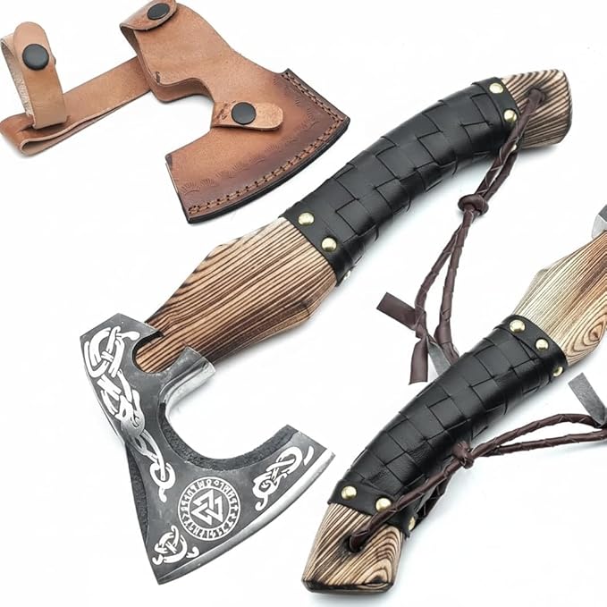 Viking Axe Ashwood Handle Handmade Carbon Steel Blade Outdoor Camping Hunting Norse Hatchets Axes with Black Leather Wrapped Handle &amp Leather Sheath Wood Splitting Axes
