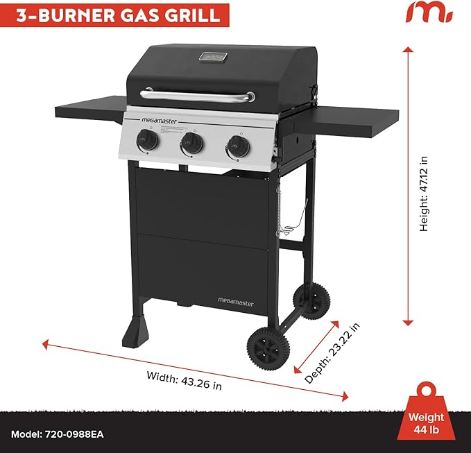 Megamaster 3-Burner Propane Gas Grill with Folding Side Tables 30000BTUs 429.81 sq. in. Cooking Space Stainless Steel Control Panel Outdoor Kitchen Grill for BBQs Patios and More - 720-0988EA