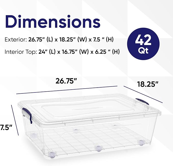 Superio Storage Bins with Lids- Clear Boxes for Organizing Stackable Plastic Containers- BPA Free Non-Toxic Odor Free Organizer for Home Office Dorm (8 Pack 42 Qt (Under Bed-Wheeled))