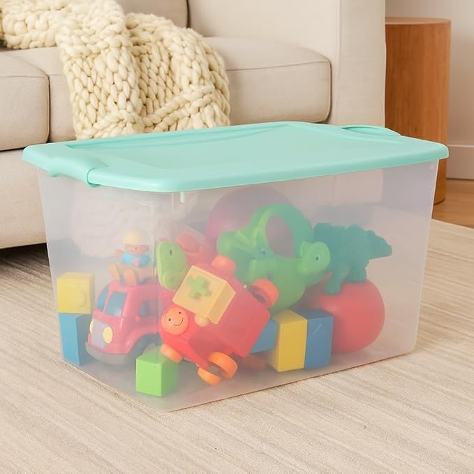 Clear/Mint 6-Count 66 Quart Plastic Storage Containers with Latching Lids Stackable Storage Bins and Totes for Camping Gear Sports Equipment Tools &amp Workshop Supplies – Durable Home Organizatio