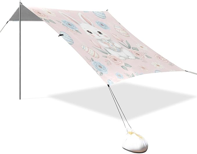 Easter Bunny Beach Canopy Sun Shelter with Sandbags &amp Sand Shovel &amp Windproof Ropes - Portable 110x126 Beach Shade Beach Tent for Camping Picnics