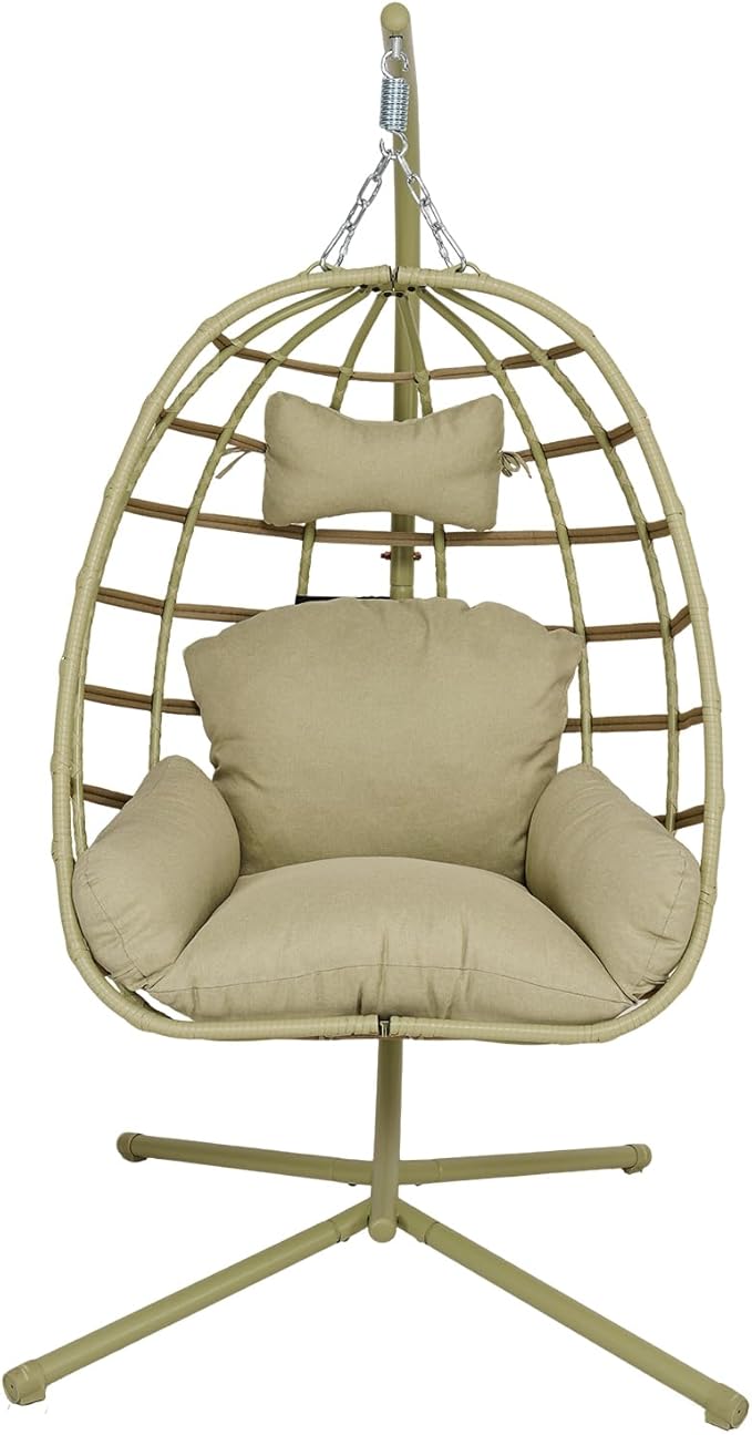 Hanging Egg Chair with Stand Outdoor Indoor Patio Rattan Swing Hammock Chairs with Washable Cushion 350lbs Capacity PE Wicker Swing Chair for Backyard Bedroom Garden (Cyan + Cyan Cushion)
