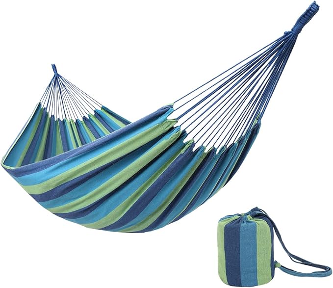 ONCLOUD Extra Long and Wide Double Hammock for Travel Camping Backyard Porch Outdoor or Indoor Use Carrying Pouch Included (Blue/Green Stripes)