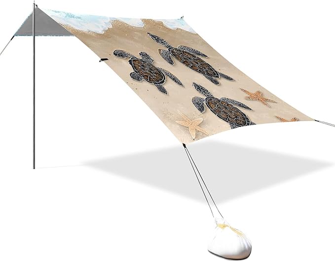 ALAZA Sea Turtle Starfish Beach Beach Tent Sun Shelter UPF50+ Protection Beach Shade Canopy w/ 4 Sandbags for Outdoor Camping Fishing Backyard Fun Picnic 10x9 ft