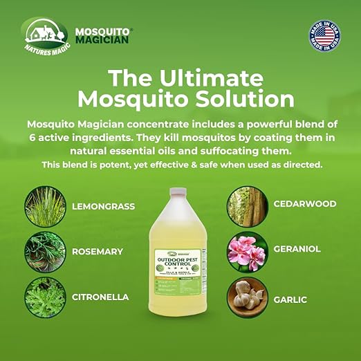 Mosquito Magician Liquid Concentrate - Kills Mosquitoes Fleas and Fire Ants - Use with Pump or Backpack Sprayers Foggers or Automatic Misting Machines - Ideal for Yards Lawns Patios - 1 Gallon