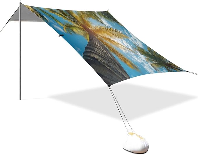 Summer Palm Trees Beach Tent Sun Shelter Set UPF50+ UV Protection 10.5 x 9.19 FT Camping Shade Canopy with Sandbags Sand Anchors Carrying Bag and Others