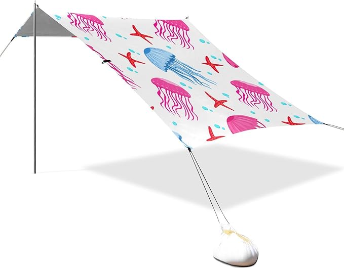 Beach Canopy with Windproof Ropes &amp Sandbags Beach Tent Sun Shade Sun Shelter for Camping Trips Fishing Backyard Fun or Picnics Jellyfish