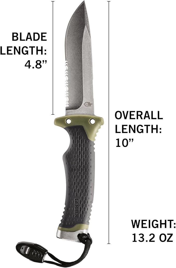 Gerber Gear Ultimate Survival Knife Fixed Blade Knife with Combo Edge includes Fire Starter Edge and Ferro Rod Whistle Sheath with Integrated Sharpener - Bushcraft Hunting and Camping Tool