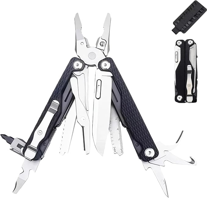 Multitool 20-in-1 Full-Size Multi-Purpose Pliers Lightweight EDC Tactical Gear With Safety Locking Camping Knives &amp Tools Gifts for Guys Gifts for Hunters Men who have Everything (Black)