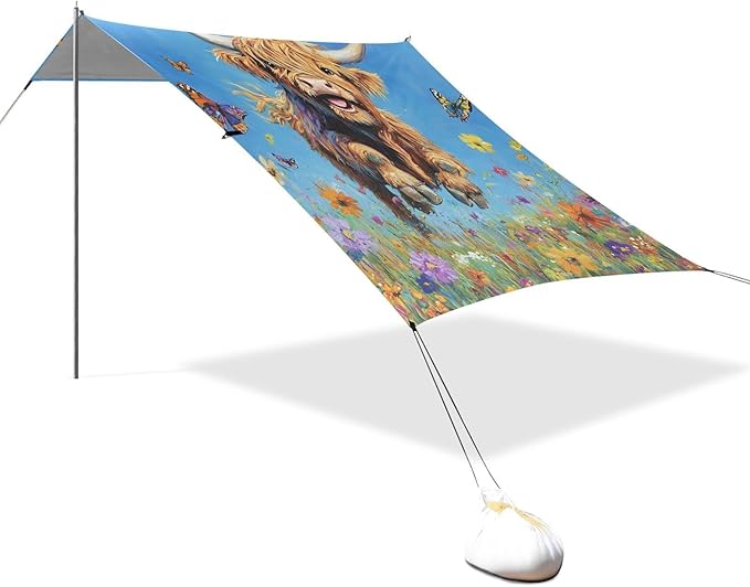 ALAZA Highland Cattle Running Among The Flowers Beach Tent Sun Shelter Portable Canopy Sunshade for Outdoor Camping Picnics Backyard Fun 10x9 ft