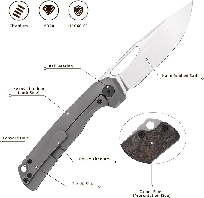Pocket Knife 3.5 M390 Blade Folding Knife Hunting Knife Survival Knife with Pocket Clip EDC Knives for Hunting Camping Survival Outdoor Fishing Hiking (Purple&ampBlack)