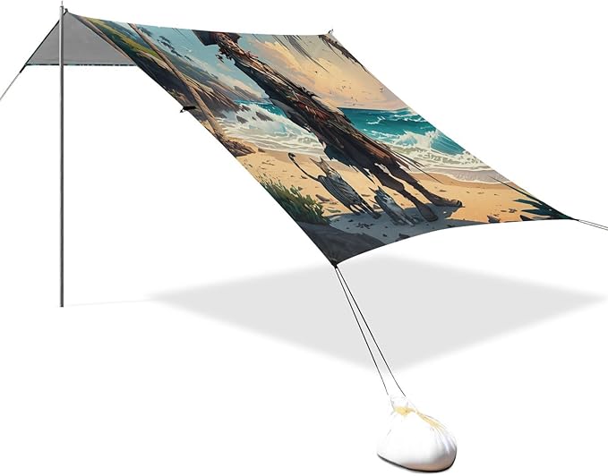 xigua Pirate Beach Tent Sun Shelter with Carrying Bag - Silver Coated Oxford Fabric Beach Canopy for Beach Camping Fishing - Includes Windproof Ropes Sandbags &amp Stakes