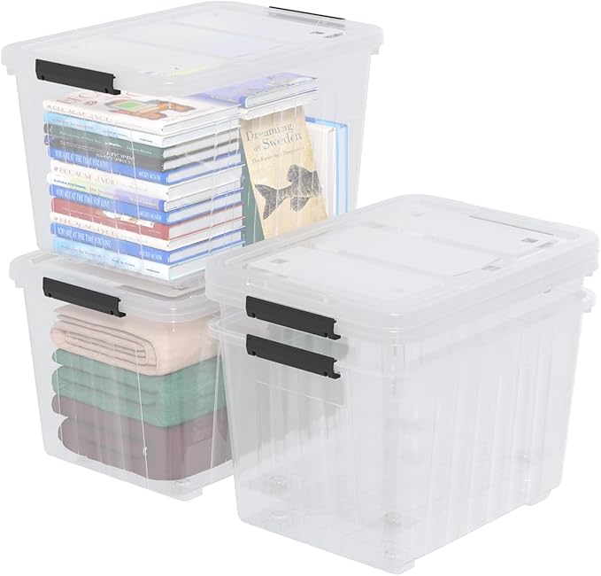 4 Packs Large 70 L Plastic Stackable Storage Bins with Wheels and Latching Lid Clear Storage Container Tote