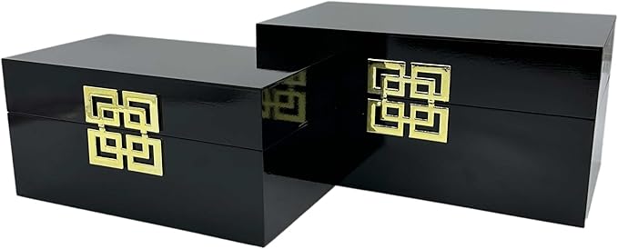 Galt International Storage Box Set Decorative Storage Box w/Hinged Lid Classic Design Wood Decor Boxes with Geometric Clasp Storage for Bedroom &amp Home - Set of 2 (Black &amp Gold)