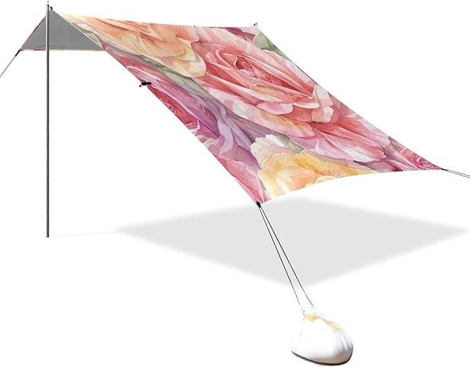 ALAZA Rose Flower Watercolor Beach Tent Sun Shelter UPF50+ Protection Beach Shade Canopy w/ 4 Sandbags for Outdoor Camping Fishing Backyard Fun Picnic 10x9 ft