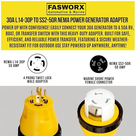 NEMA L14-30P to 50A SS2-50R RV Marine Power Generator Adapter 30A L14-30P to SS2-50R 30A Male 4 Prong Twist Lock Adaptor to 50A SS2-50R Plug Female with Locking Ring 125V/250V by FASWORX