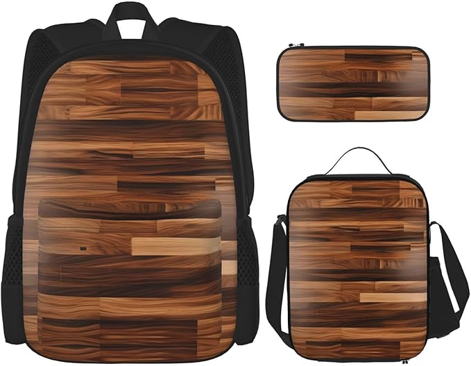 Wood Grain Backpack With Lunch Box 3 In 1 Set With Pencil Case Large Capacity Backpack With Chest Strap