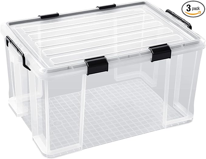 3-Pack Waterproof Plastic Storage Box 90QT/85L Stackable Latch Box Durable Multi-Purpose Locking Bin with Lid and Black Clips for Bedding Toys Shoes and Clothes