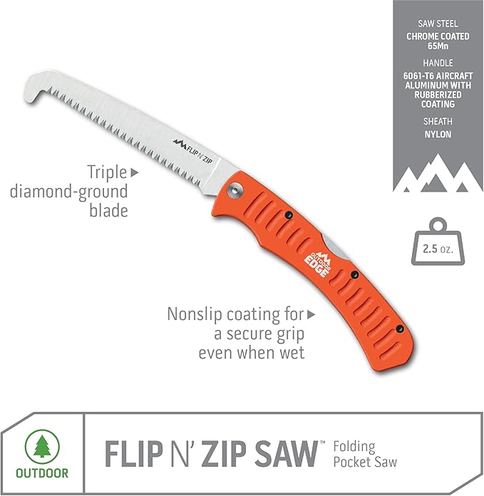 Outdoor Edge 4.4 Flip N' Zip Saw - Lightweight Folding Aluminum Handle Outdoor-Hunting Saw with 65Mn Spring Steel Blade and Triple Ground Teeth for Bone and Wood with Nylon Sheath