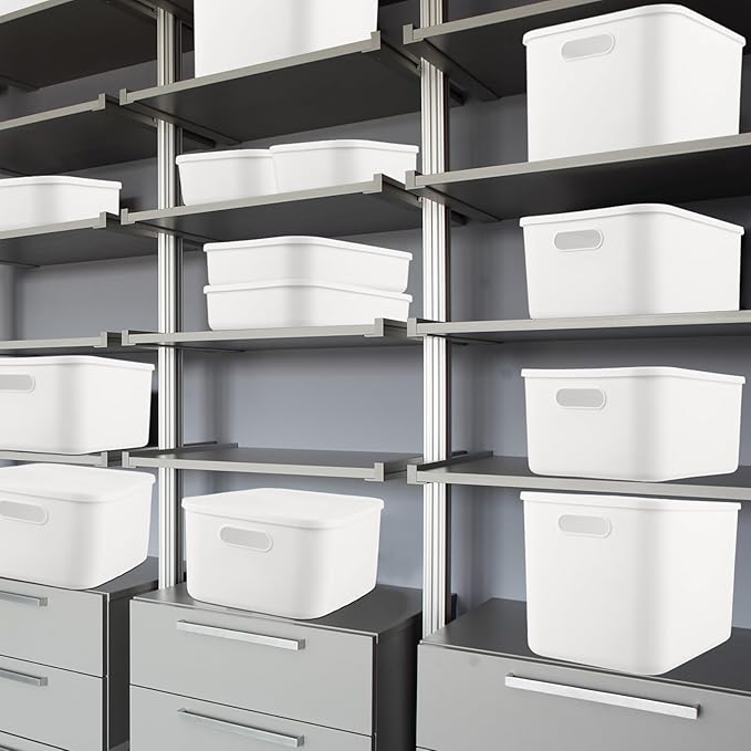 16 Pack Plastic Storage Bins with Lids Stackable Classroom Organization Bins 4 Size Combination Craft Organizers for Home Office Organize Craft Shoes Tools Snacks(White)
