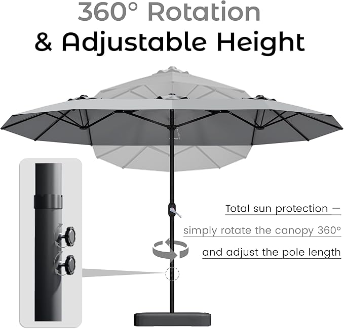 DomeShade 15ft Patio Umbrella with BaseLarge Outdoor Double-Sided Rectangle Umbrella with Crank Handle Market Umbrella for Poolside Garden Deck Backyard Beach Pools Gray