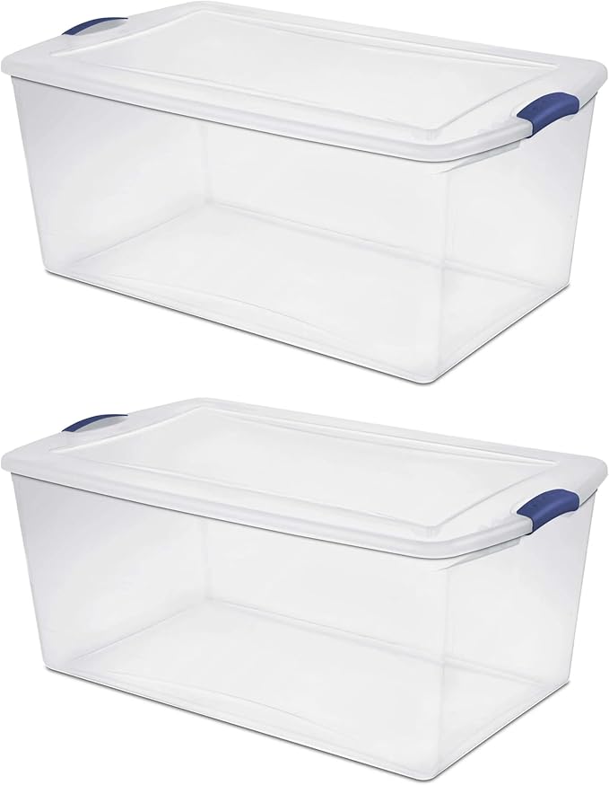(2-PACK) 105 QT Plastic Transparent Storage Box Equipped with a Blue Lock Mechanism Stackable Suitable for Household Items Seasonal Clothing Holiday Decorations and Garage Organization.