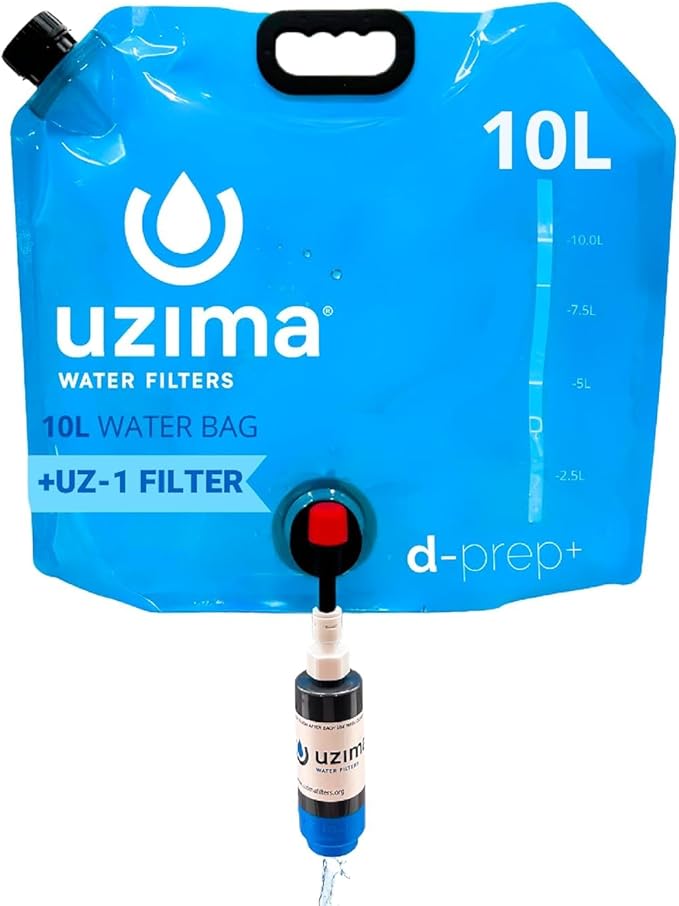 Uzima D-Prep Plus Emergency Water Filtration &amp Storage System – 10L Collapsible Gravity Water Storage Container with UZ-1 Filter for Safe Drinking – Portable Survival &amp Camping Bladder