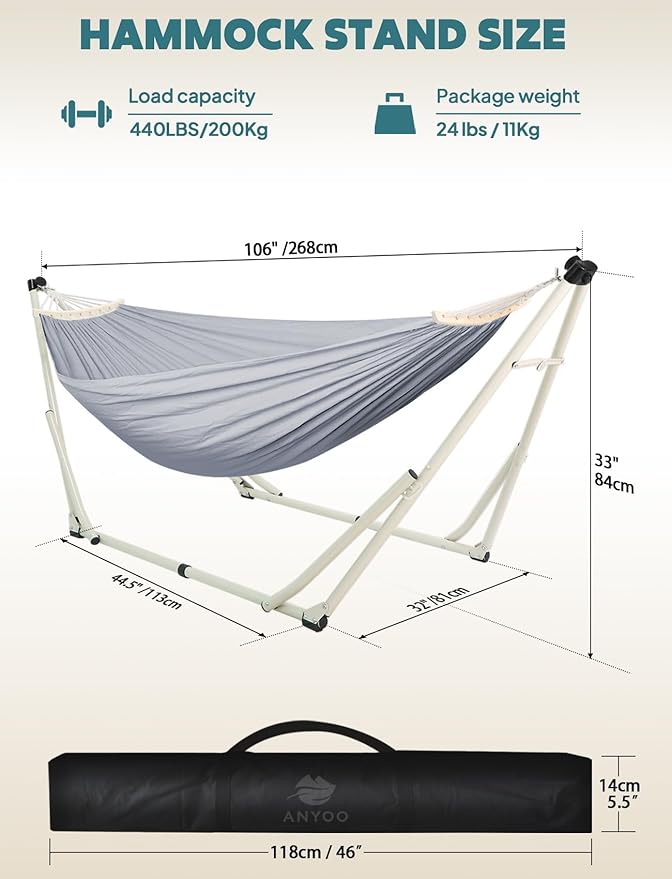 Anyoo 2 in 1 Hammock and Swinging Chair with Collapsible Steel Stand &amp Carrying CasePortable &amp AdjustableEasy Set Up for OutdoorIndoorPorch SwingPatioGardenCamping Trip