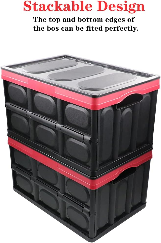 GUOZI 30 Liter Collapsible Storage Bin with Lid Durable Plastic Folding Storage Crate Stackable Storage Box Organizer Container for Keepsake Toy Photos Office Nursery Wardrobe Bookshelf etc.