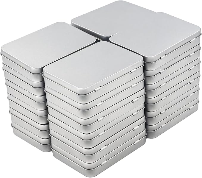 Goodma 24 Pieces Rectangular Metal Empty Hinged Tins Containers Basic Necessities Home Storage Organizer Mini Box Set 4.5 x 3.3 x 0.9 inch (Silver)