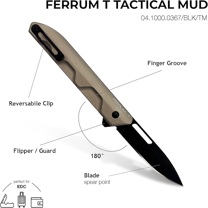 Extrema Ratio - Ferrum T (Mud) Folding Knife Böhler N690 Steel Blade 58 HRC Burnished Finish Smooth Aluminum Handle Ergonomic Design Durable Fixed Blade Italian Craftsmanship